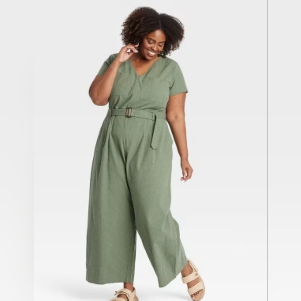Ava & Viv Olive Green Short Sleeve Belted Jumpsuit
